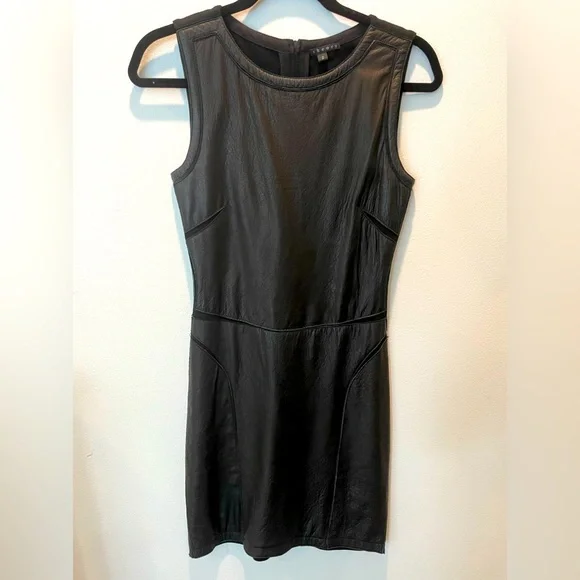 theory leather shirt dress Theory Womens Black Belted Peep Chest Short Sleeve Leather Shirt Dress Size 0